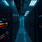 Servidores iluminados em centro de dados processando fluxos de computação para modelos de inteligência artificial de última geração.