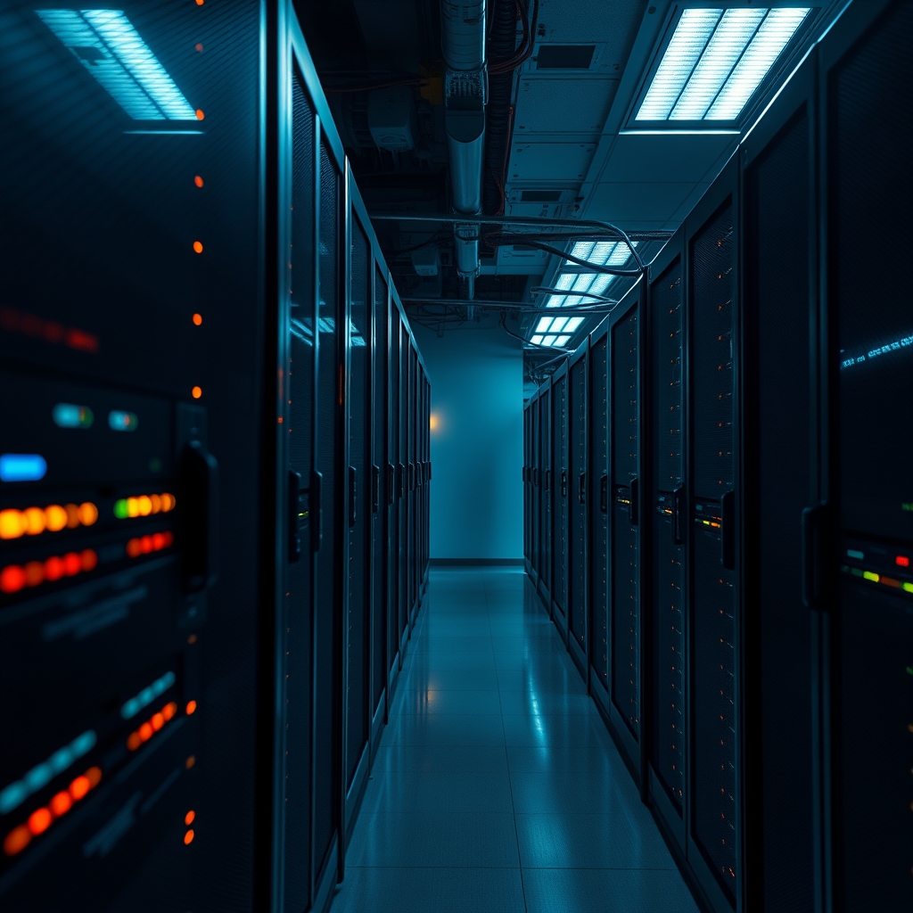 Servidores iluminados em centro de dados processando fluxos de computação para modelos de inteligência artificial de última geração.