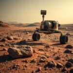 Rover espacial robótico examinando rochas sedimentares avermelhadas na superfície árida e poeirenta do planeta Marte
