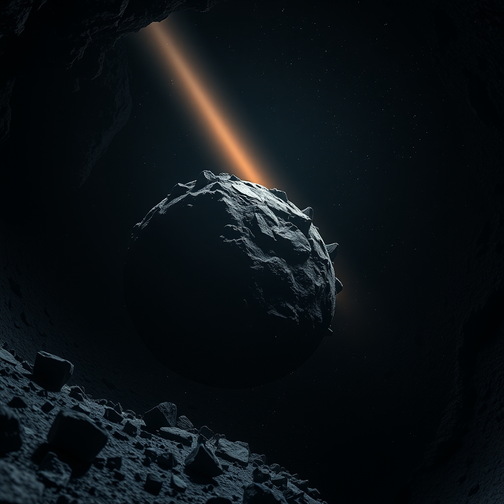 Sonda espacial robótica aproximando-se de um asteroide rochoso e irregular na escuridão do espaço sideral profundo