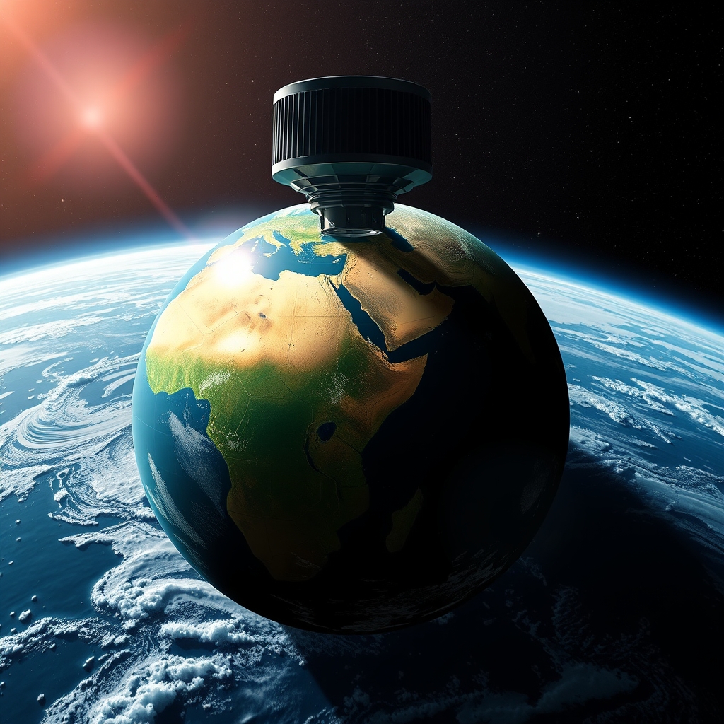 Ilustração científica da sonda espacial Juice aproximando-se do planeta Terra com o oceano visível ao fundo.