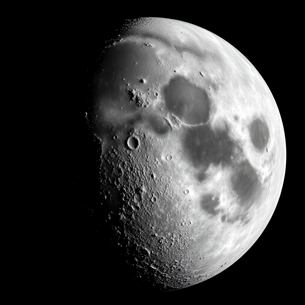 Superfície lunar acidentada em tons monocromáticos com uma cratera de impacto recente e poeira brilhante dispersa ao redor.