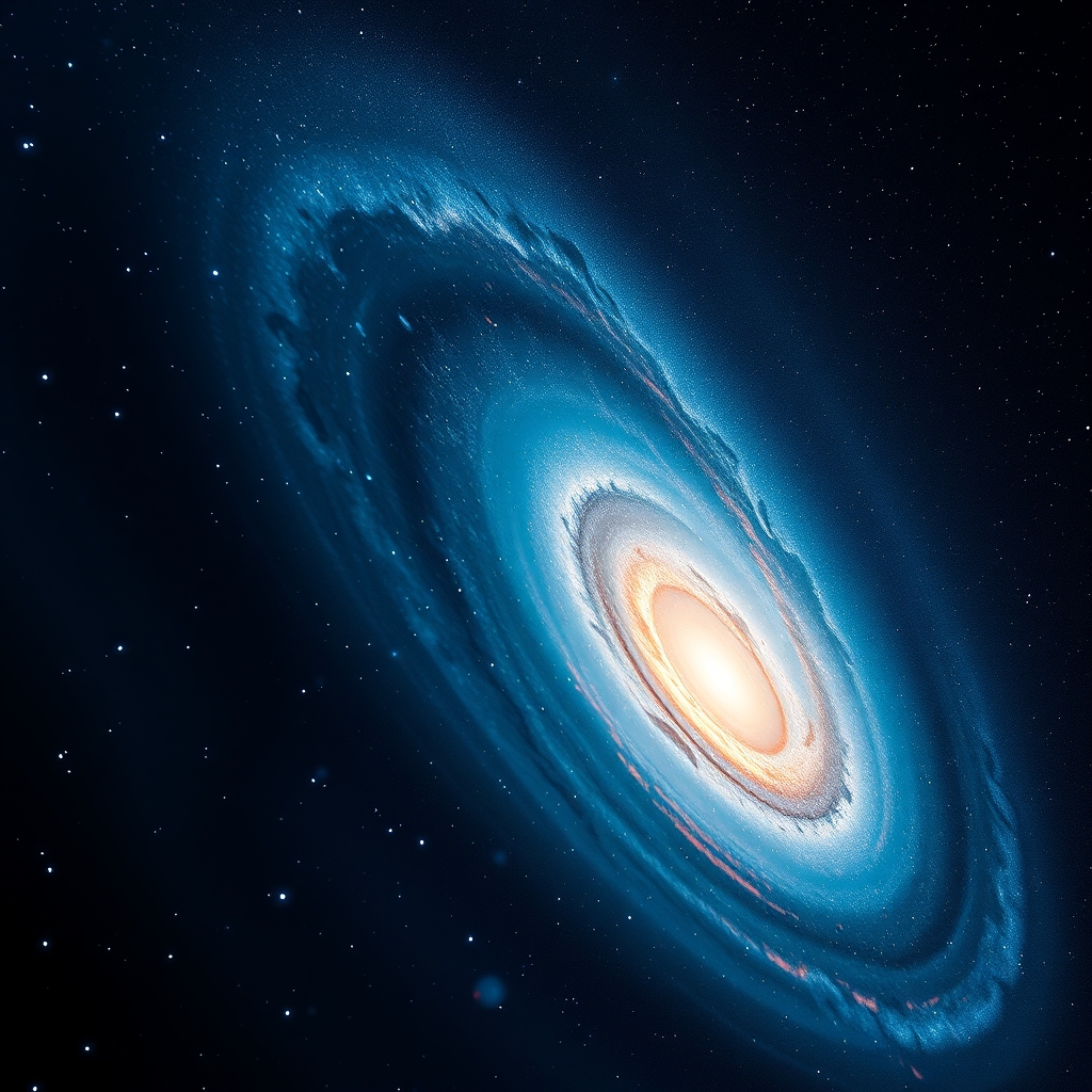 Representação astronómica de uma galáxia espiral com fontes emissoras de radiação ultravioleta e raios X no cosmos.