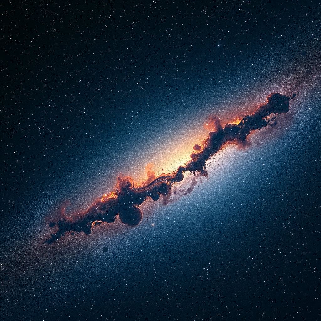 Representação astronómica de galáxias primitivas avermelhadas e buracos negros em expansão no Universo profundo.